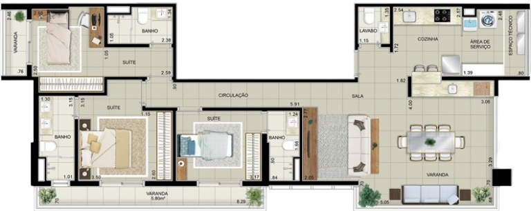 Elegance Santos- Planta de 116 m² de área útil com 3 suítes
