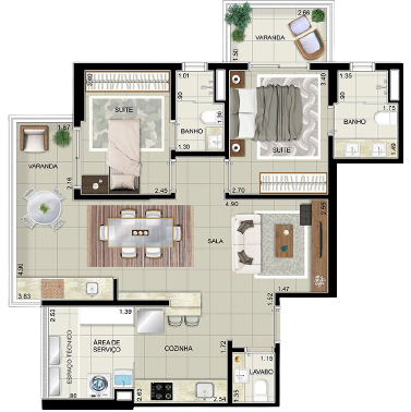 Elegance Santos - Planta de 81 m² de área útil com 2 suítes
